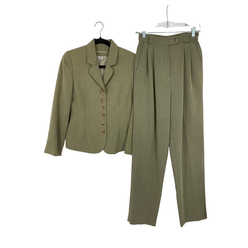 VTG Cypress Grove 2 Piece Suit Set Blazer Straight Leg Pant Womens XS Olive Tan